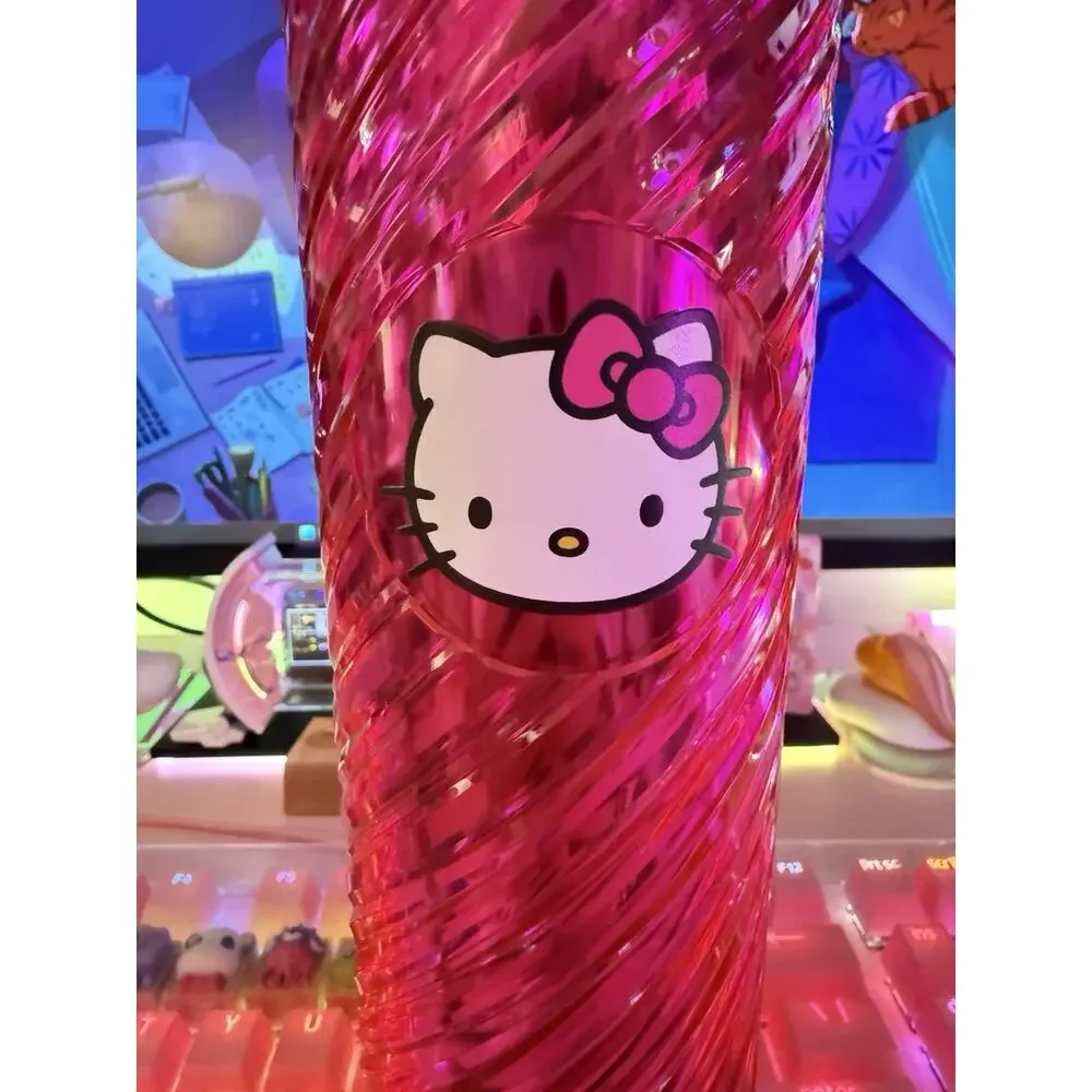 Hello Kitty Swirl Tumbler Lid Straw Shiny Metallic Spiral Plastic Pink Sanrio